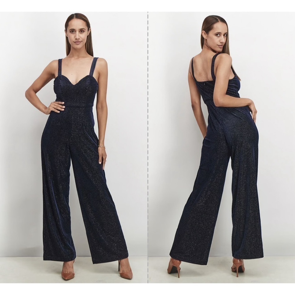 NWT Avec Les Filles Shimmery Velvet Navy Wide Leg Sweetheart Neckline Jumpsuit 8
